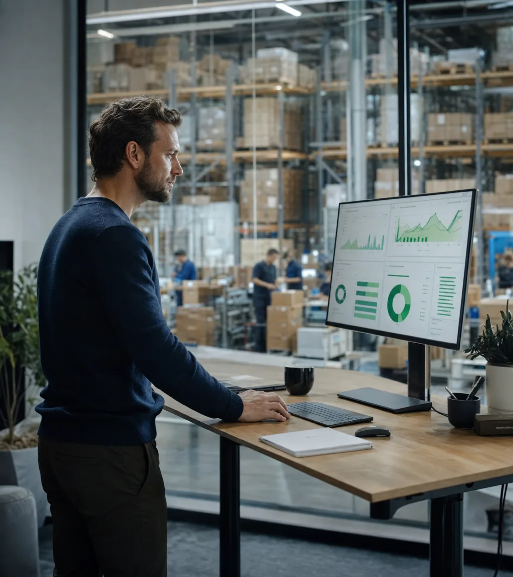 The head of ecommerce of an online brand reviewing a sales dashboard beside the warehouse